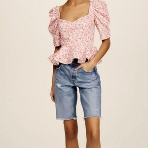 Amanda Uprichard Natasha Pink Corset  Floral Puff Scrunched Sleeve Peplum Top